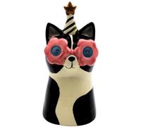 Vase décoratif en céramique avec Lunettes de Soleil et Chapeau de fête - Noir et Blanc - Dimensions : 10 x 10 x 20 cm