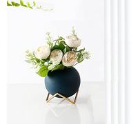 Vase Décoratif en Céramique Fait à la Main avec Support en Métal - Bleu Mat, Forme Ronde d'Art Moderne pour Décoration de la Maison, du Salon, des Centres de Table et des Événements
