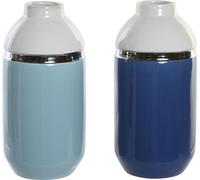 Vase DKD Home Decor 12,5 x 12,5 x 25 cm Blanc Bleu ciel Bleu marine Faïence (2 pièces)