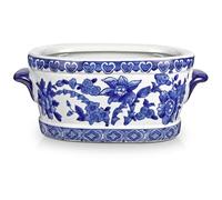 Vase en céramique bleu et blanc - Pot ovale de style porcelaine avec motif floral - Pot décoratif pour plantes d'intérieur, orchidées et fleurs artificielles - 19 cm