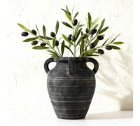 Vase en Terre Cuite Noir à 4 Anses, Vase Céramique Vintage 25,9 cm, Finition Mate Vieillie, Vase Rustique pour Fleurs Séchées, Herbe de Pampa, Entrée, Table, Étagère, Salon, Cheminée