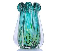 Vase en verre soufflé à la main, 24 cm, vert émeraude bleu sarcelle, vase d'art avec bord ondulé unique, vase à fleurs décoratif fait à la main pour salon, centre de table, décoration d'intérieur