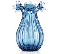 Vase en Verre Soufflé - Bleu, Transparent, Unique, Art Moderne - Large Ouverture pour Salon Mariage Table à Manger Bureau Centre Table Présentoir Fleur