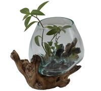 Vase en verre sur racine de bois Ø 18 cm x Hauteur 24 cm - Verre recyclé et bois de teck fabriqué à la main - Décoration intérieure extravagante - Vase décoratif - Vase en verre naturel - A18 - Idée