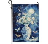 Vase floral bleu, drapeau de jardin, ciel nocturne, marguerite blanche, décoration d'extérieur, élégante décoration de pelouse d'été, drapeau de cour en tissu double face, 30,5 x 45,7 cm