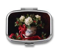 Vase hortensia vintage avec nœud de Noël - Pilulier portable à 2 compartiments - Pilulier de voyage pour sac à main