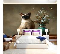 Vase Papier Peint Panoramique Animal chat siamois Papier Peint Intissé Tapisserie Poster Mural Salon Chambre Adulte Chambre d'enfants Restaurant Décor 250x175 cm
