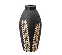 Vase Pot Soliflore de 29cm en Bois de Couleur Noir avec Décoration Relief Feuilles Beige écru