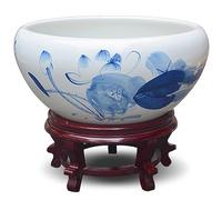 Vase rond en céramique asiatique avec socle en bois, pot de plantes for bureau, salon, pot de fleurs chinois Feng Shui, diamètre 50, 42, 32 cm, bol for bain d'oiseaux de jardin(16.5"Wx7"H - Base 9.4")