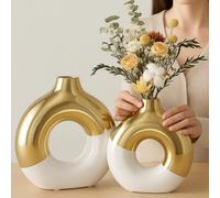 Vase Rond Moderne Blanc et Doré en Céramique - Vase Décoratif Design pour Déco Salon, Table, Cuisine, Bureau ou Chambre - Idée Cadeau Maison Élégante pour Décoration Intérieur Cocooning et Pampa