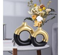 Vase Rond Moderne Noir et Or en Céramique - Vase Décoratif Design pour Déco Salon, Table, Cuisine, Bureau ou Chambre - Idée Cadeau Maison Élégante pour Décoration Intérieur Cocooning et Pampa