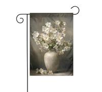 Vase vintage en céramique avec fleurs blanches drapeau de jardin 30 x 45 cm vertical double face ferme vacances décorations extérieures drapeau cour