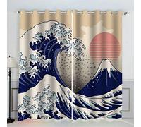 VASENA Art Japonais Rideau Occultant Lot de 2 Chambre Enfant Fille Garcon 3D Impression Vague Motif Rideaux Acoustiques Opaque Petites Fenêtres Décoration （140x160 cm）