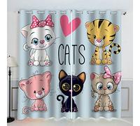 VASENA Chat De Dessin Animé Rideau Occultant Lot de 2 Chambre Enfant Fille Garcon 3D Impression Chaton Animal Mignon Motif Rideaux Acoustiques Opaque Petites Fenêtres Décoration (140x160 cm)