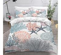 VASENA Coquillages Corail Housse de Couette 200×200 Enfant Garçons Fille 3D Motif Parure de Lit Océan Style Dessiné à La Main Microfibre Housse de Couette 1 Personne avec 2 Taies d'oreiller 50x75