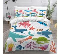 VASENA Housse de Couette 140x200 Enfant Animaux Marins De Dessin Animé Parure de Lit 1 Personne Microfibre Housse de Couette Poulpe Requin Tortue 3D Imprimé Literie Set 3 Pièces avec Fermeture Éclair