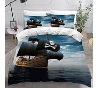 VASENA Housse de Couette 140x200 Enfant Navire Pirate Parure de Lit 1 Personne Microfibre Housse de Couette Bleu Mer 3D Imprimé Literie Set 3 Pièces avec Fermeture Éclair