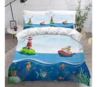 VASENA Housse de Couette 140x200 Enfant Phare Bateau Parure de Lit 1 Personne Microfibre Housse de Couette Mer Bleue 3D Imprimé Literie Set 3 Pièces avec Fermeture Éclair