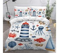 VASENA Housse de Couette 140x200 Enfant Phare Voilier Parure de Lit 1 Personne Microfibre Housse de Couette Thème Marin Dessiné à La Main 3D Imprimé Literie Set 3 Pièces avec Fermeture Éclair