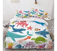 VASENA Housse de Couette 140x200 Enfant Poisson De Dessin Animé Parure de Lit 1 Personne Microfibre Housse de Couette Animaux Marins Méduses 3D Imprimé Literie Set 3 Pièces avec Fermeture Éclair