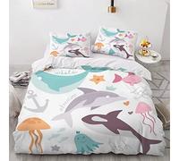 VASENA Housse de Couette 140x200 Enfant Poisson De Dessin Animé Parure de Lit 1 Personne Microfibre Housse de Couette Créatures Marines Mignonnes 3D Imprimé Literie Set 3 Pièces avec Fermeture Éclair