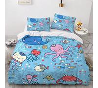 VASENA Housse de Couette 140x200 Enfant Poisson Parure de Lit 1 Personne Microfibre Housse de Couette Dessin Animé Océan Méduse 3D Imprimé Literie Set 3 Pièces avec Fermeture Éclair