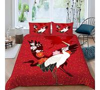 VASENA Housse de Couette 220x240 Ado Adulte Parure de Lit Style Japonais Grue Japonaise Rouge Housse de Couette en Microfibre Hypoallergique Ensemble de Literie avec 2 Taies d'oreiller