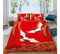 VASENA Housse de Couette 220x240 Ado Adulte Parure de Lit Style Japonais Rouge Grue Japonaise Housse de Couette en Microfibre Hypoallergique Ensemble de Literie avec 2 Taies d'oreiller
