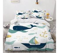 VASENA Poisson Baleine Housse de Couette 200×200 Garçons Fille 3D Motif Parure de Lit Thème De L'océan De Dessin Animé Douce Microfibre Housse de Couette 1 Personne avec 2 Taies d'oreiller 50x75