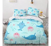 VASENA Poisson Housse de Couette 200×200 Garçons Fille 3D Motif Parure de Lit Mignon Kawaii Bleu Douce Microfibre Housse de Couette 1 Personne avec 2 Taies d'oreiller 50x75