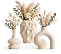 Vases en céramique blanche 3 pièces Boho Pampa Bibliothèque Décor | Design minimaliste bohème, lot de 3 tailles, finition céramique blanche, bibliothèque de salon