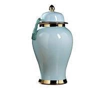 Vases en céramique bleue, pot à gingembre avec couvercle et pompons pour la décoration intérieure, vase antique de style temple, vases à fleurs séchées en porcelaine chinoise, décoration pour tab
