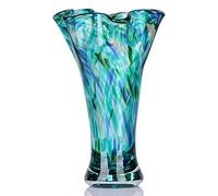 Vases en verre bleu sarcelle de 22,9 cm de hauteur pour fleurs, vase en verre soufflé à la main, décoration d'intérieur, vase à fleurs vertes à large goulot, centres de table, pour bibliothèque, table