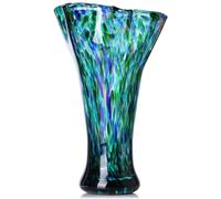 Vases en Verre soufflé à la Main Bleu Sarcelle de 24,9 cm de Haut pour décoration d'intérieur, Vase Moderne à Large goulot à Volants, Centre de Table, Art du Verre de mer côtier coloré pour