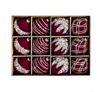Vasiumic Lot de 12 boules de Noël en plastique pour homme et femme - Flocage velours paillettes - Couleurs assorties - Facile à accrocher pour décoration de fête de mariage (rouge vin)