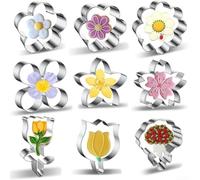 Vasiumic Lot de 9 emporte-pièces en forme de fleur en acier inoxydable avec tulipe, œillet, lys et rose, moules argentés pour la préparation de gâteaux, biscuits, sandwichs