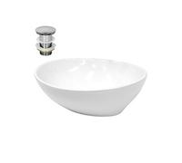 Vasque à Poser Lavabo - Ovale - 410 x 330 x 140 mm - en Céramique - Blanc - avec Kit de Vidange sans Trop-Plein - Evier Lave-Mains Salle de Bain -