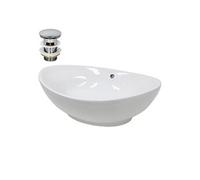 ECD Germany Vasque à Poser Lavabo Salle de Bain - Ovale - 590 x 390 x 200 mm - en Céramique - Blanc - avec Kit de Vidange - Lave-Main Évier Suspendu Toilette - avec Trop-Plein et Trou de Robinet