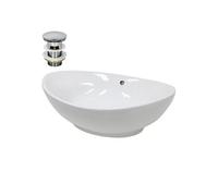 ECD Germany Vasque à Poser Lavabo Salle de Bain - Ovale - 590 x 390 x 200 mm - en Céramique - Blanc - avec Kit de Vidange - Lave-Main Évier Suspendu Toilette - avec Trop-Plein et Trou de Robinet