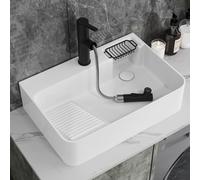Vasque a Poser Salle de Bain, Lavabo Salle de Bain avec Planche à Laver, Robinet et Porte Savon, Céramique Moderne pour Buanderie, Balcon, Salle de Bain(51.5x40.5x10.5cm/20.3x16x4.1in)