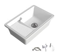 Vasque a Poser Utilitaire en Céramique avec Plateau de Lavage, Évier de Buanderie avec Système D'évacuation et Robinet Multifonction pour la Buanderie de la Maison(54x42x18cm/21.2x16.5x8in)