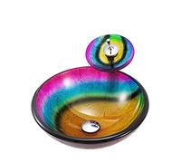 Vasque de Salle de Bain en Verre trempé, Ronde, Couleurs Arc-en-Ciel, avec Robinet et bonde au-Dessus du comptoir