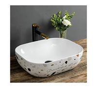 Vasque moderne en céramique avec robinet noir - Grand lavabo au-dessus du comptoir - Lavabo de salle de bain élégant en porcelaine pour décoration d'intérieur contemporaine
