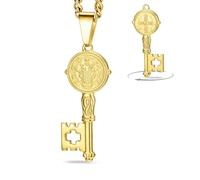 VASSAGO Collier avec médaille de Saint Benoît en acier inoxydable Médaille catholique de San Benito Collier avec pendentif en forme de croix Amulette de protection pour homme et femme (Or 1)