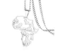 VASSAGO Collier avec pendentif en forme de carte africaine pour homme et femme Motif carte des éléphants africains Lions Girafes, Acier inoxydable