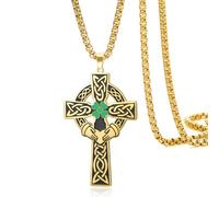 VASSAGO Collier avec pendentif en forme de croix celtique en acier inoxydable avec trèfle à quatre feuilles et nœud celtique Bijou de protection religieuse Cadeau pour homme et femme (Chaîne dorée)