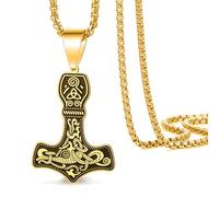 VASSAGO Collier avec pendentif marteau de Thor Viking pour homme Collier vintage nordique Mjolnir en acier inoxydable Amulette païenne nordique (Collier Mjolnir-G)