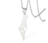 VASSAGO Collier carte Israël Palestine en acier inoxydable pour femmes et hommes, étoile de David, bijoux juifs, unisex, argent, 17,7 pouces
