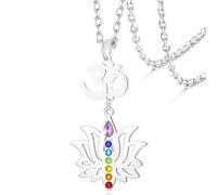 VASSAGO Collier chakra en forme de fleur de lotus pour femme Pendentif 7 chakras Symbole OM Amulette de Bouddha Bijou de guérison spirituelle Cadeau de yoga et de méditation (Argent 2)