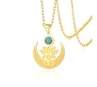 VASSAGO Collier En Forme De Fleur De Lotus Avec Turquoise Pour Femme Pendentif En Forme De Lune De Lotus En Acier Inoxydable Bouddhiste Guérison Spirituelle Yoga Méditation (Doré)